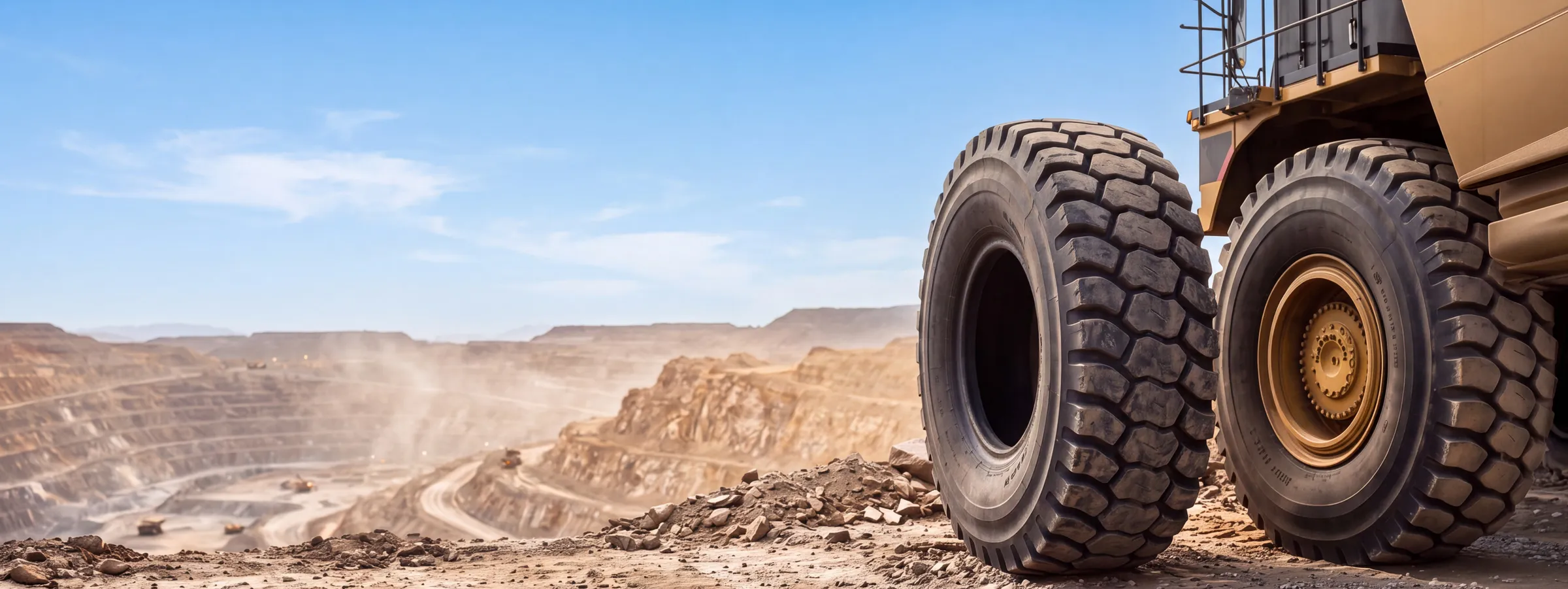 Giant OTR tires on a mining haul truck at an open-pit mine