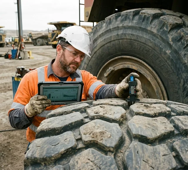 Technician inspecting a giant OTR tire