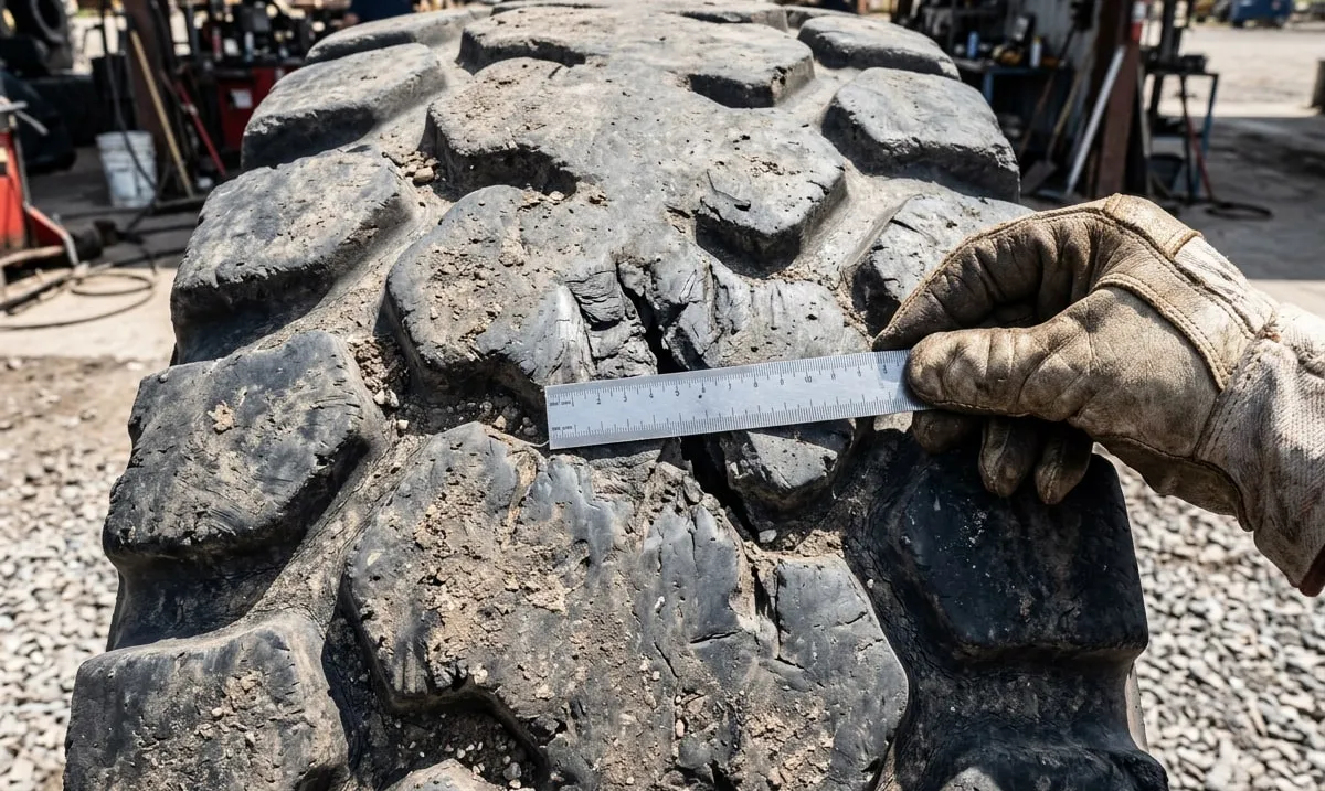 Ruler measuring cut damage on a worn E-3 tread
