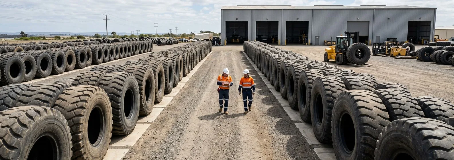 Rows of giant OTR tires in the GIANT-OTR stock yard