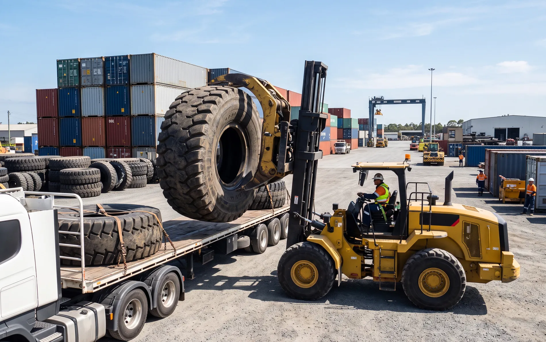 Forklift loading a giant OTR tire onto a truck