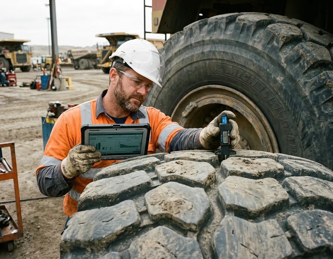 Technician checking a giant OTR tire with a tablet at a mine site