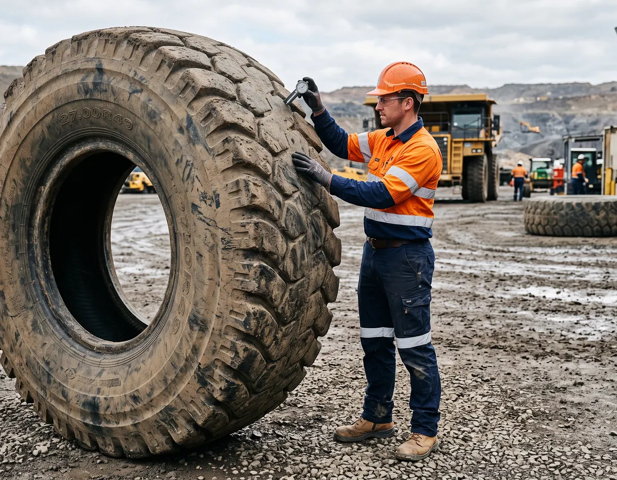 Tire specialist inspecting the tread of a giant OTR tire