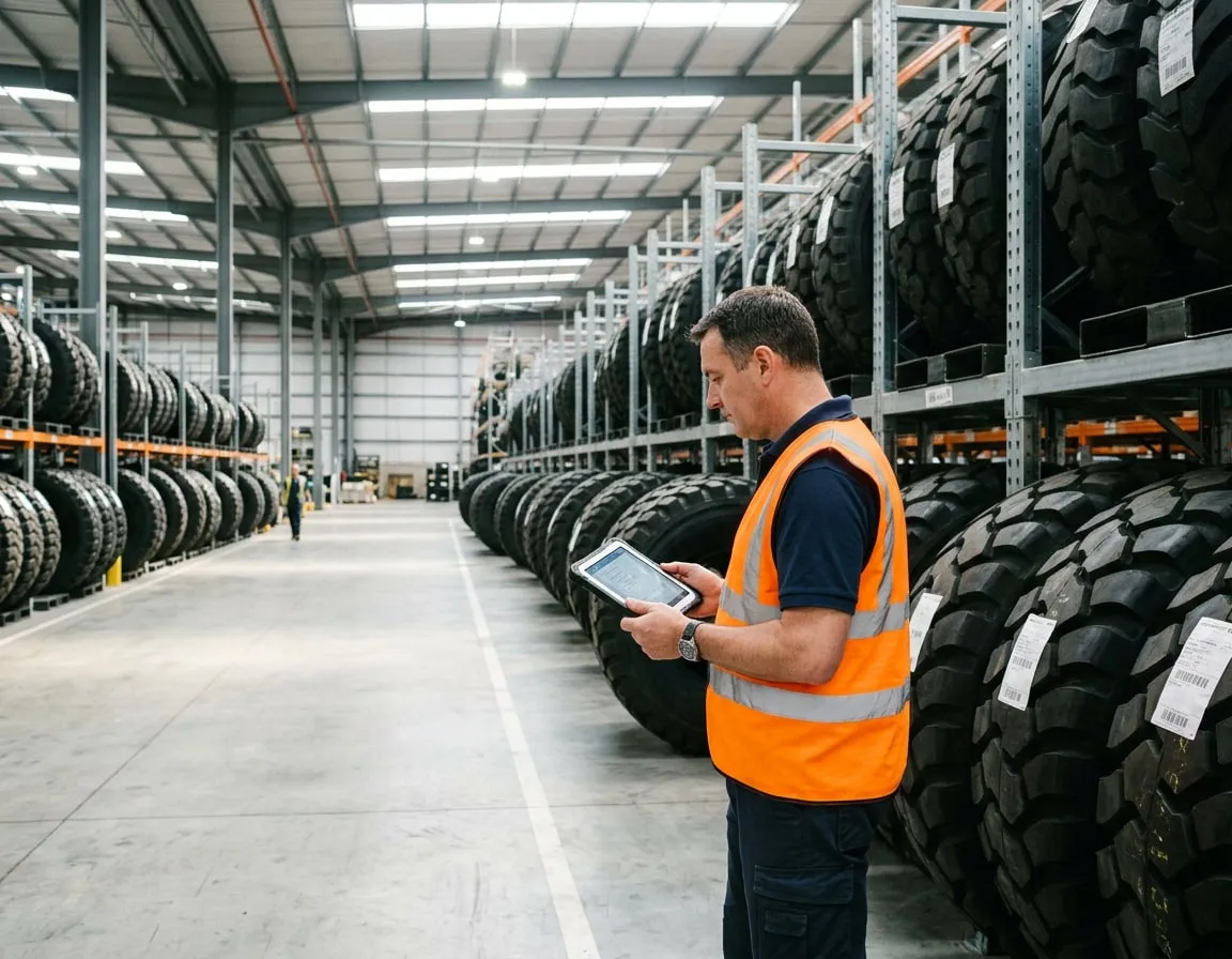 Warehouse racks of giant OTR tires checked by a stock manager