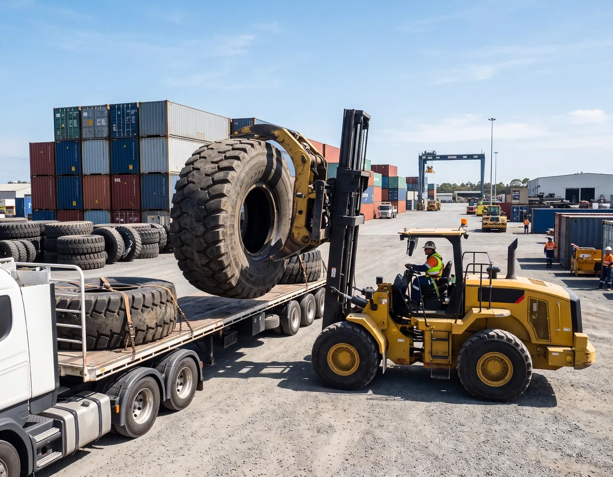 Giant OTR tires being loaded for oversized transport