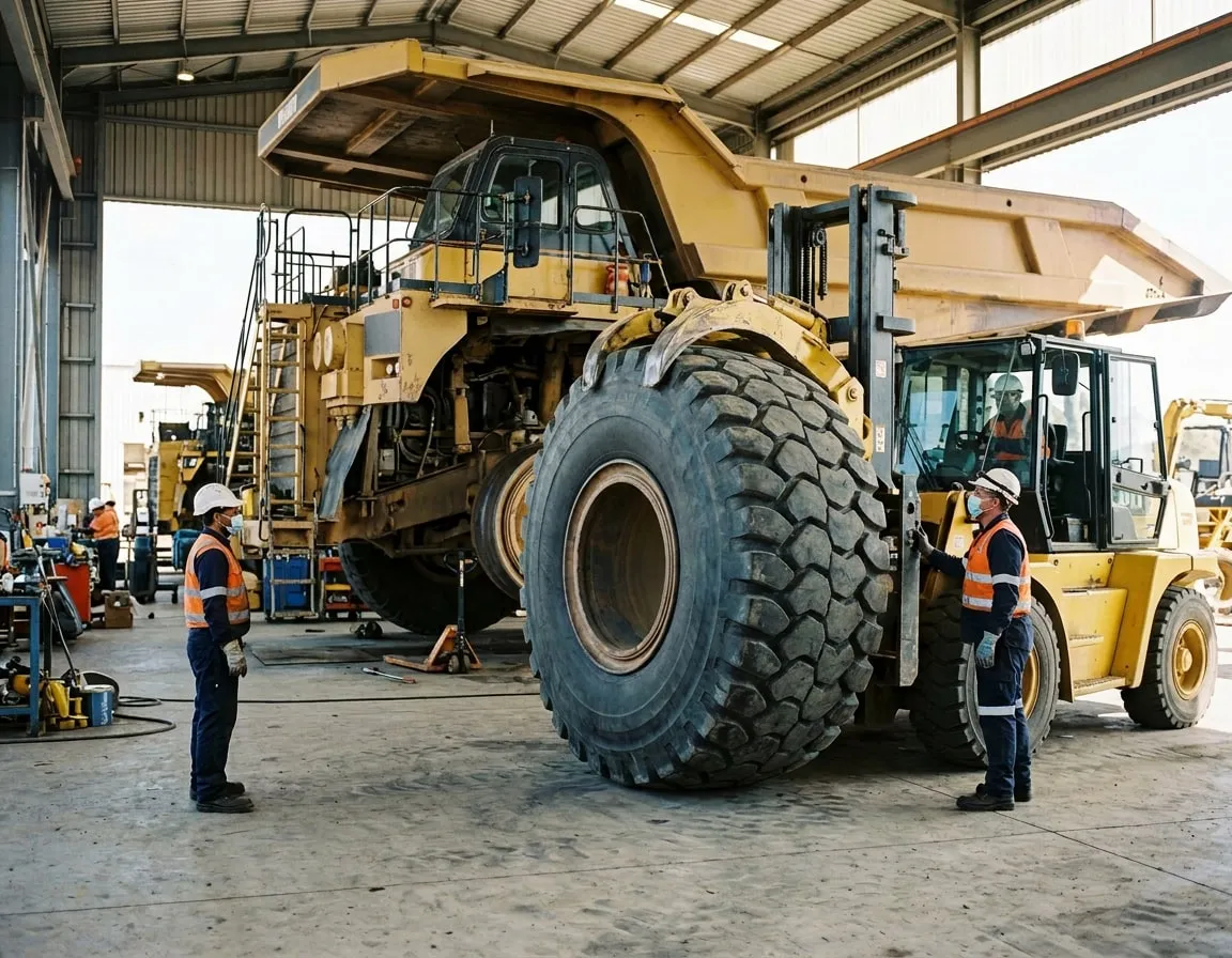 Technicians fitting a giant tire on a haul truck in a workshop