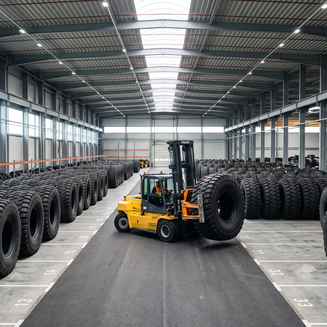 GIANT-OTR warehouse with giant tires and forklift