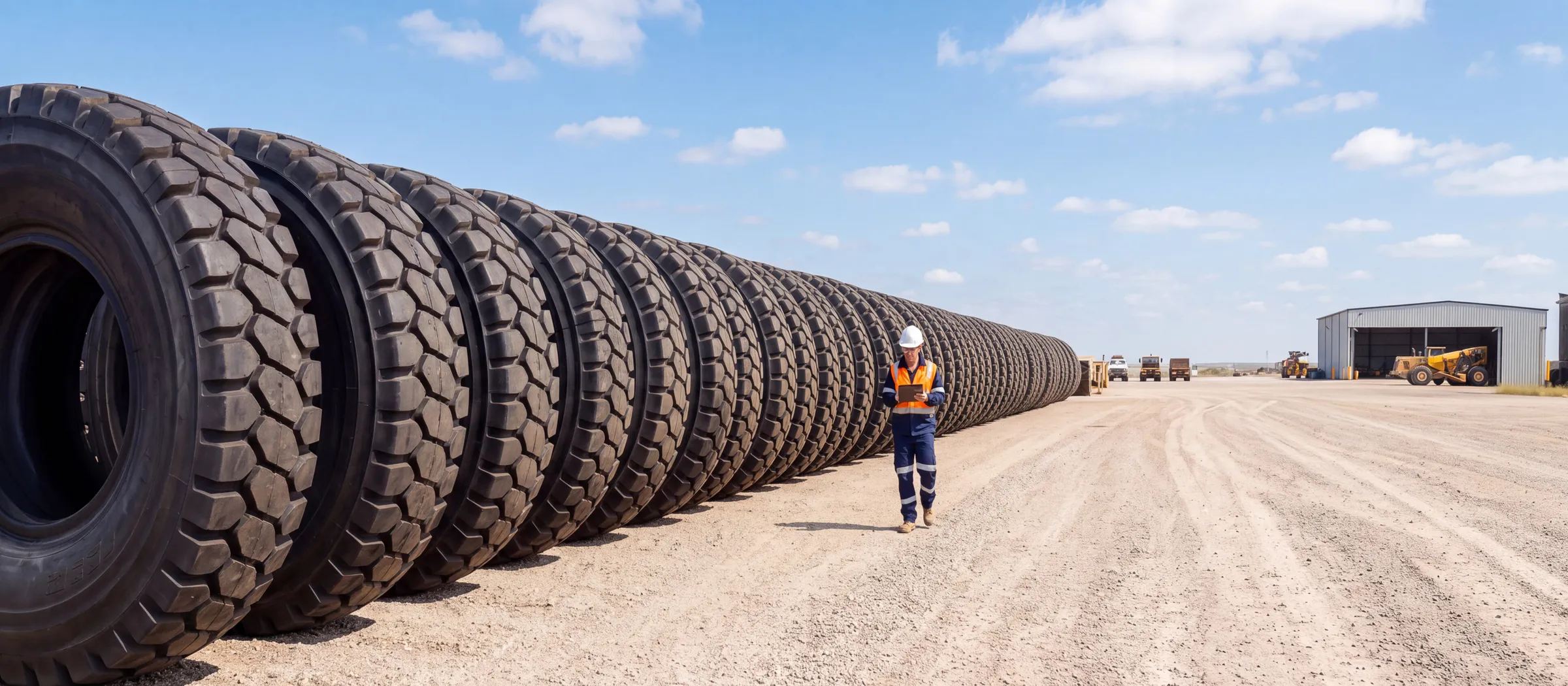 Row of giant OTR tires in stock at the GIANT-OTR yard, inspected by a technician